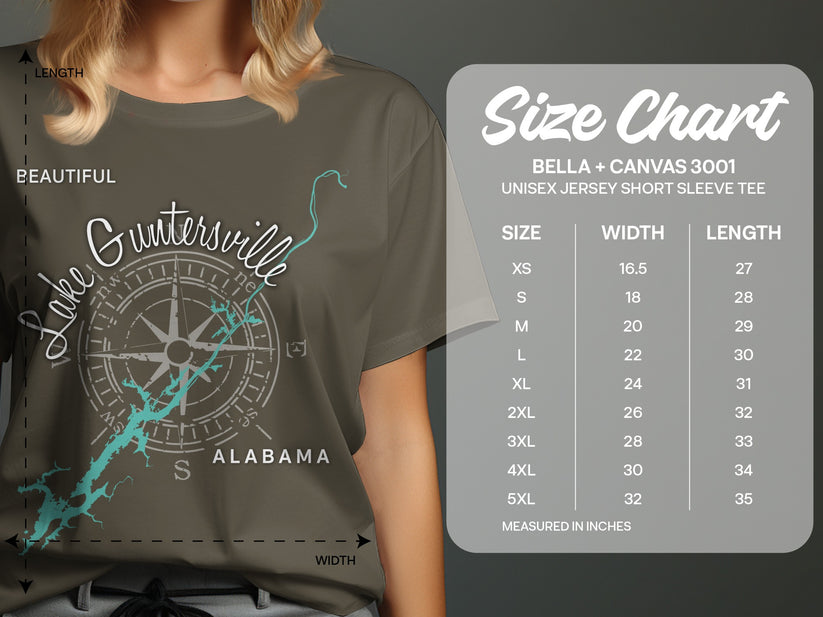 T-shirt size chart with graphic of Lake Guntersville, Alabama, and compass.