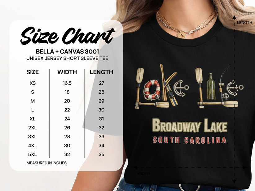 Size chart for unisex t-shirts with measurements for width and length.