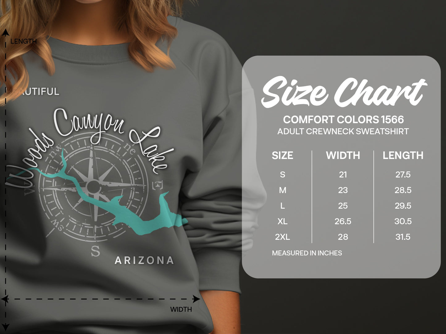Comfort Colors 1566 sweatshirt size chart with dimensions.