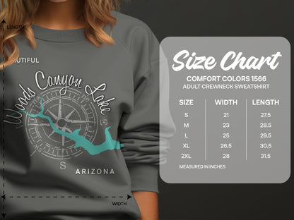 Comfort Colors 1566 sweatshirt size chart with dimensions.