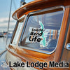 Sticker on a boat window displaying "Toledo Bend Life" and "Lake Lodge Media."