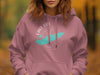 Rose hoodie featuring a teal Lake Erie outline and compass on front.