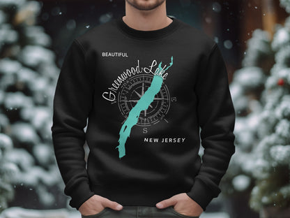Black sweatshirt with a compass and map of Greenwood Lake, New Jersey.