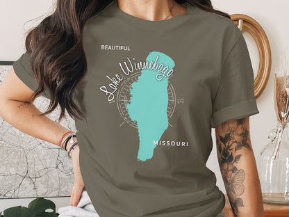 Lake Winnebago Missouri map graphic on a woman's grey t-shirt.