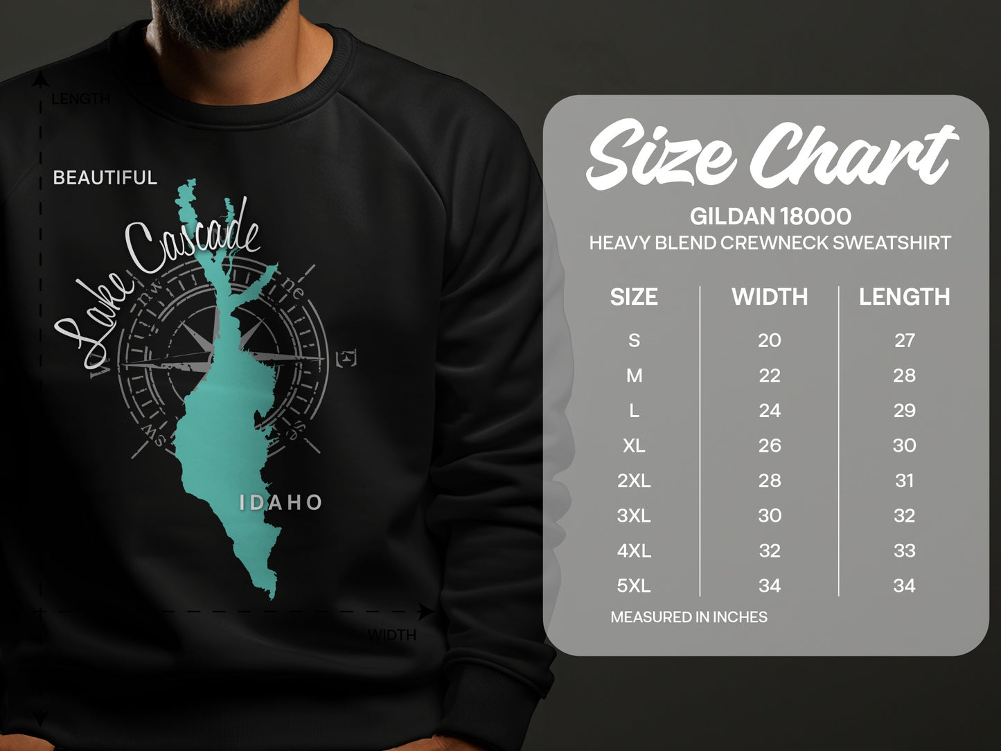 Black sweatshirt with Lake Cascade, Idaho map graphic and Gildan size chart.