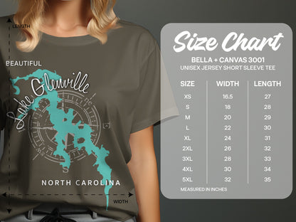 T-shirt with Lake Glenville map and North Carolina text, next to size chart.