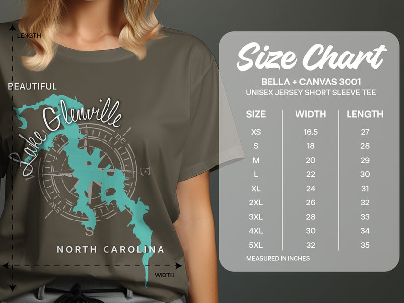 T-shirt with Lake Glenville map and North Carolina text, next to size chart.