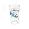 Clear glass pint glass with blue Lake Cachuma map and compass design.