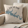 Pillow with a blue map outline of Lake Cachuma, California, and compass rose.