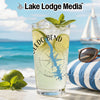 Glass with a lime and mint drink, Toledo Bend map, and beach scene.
