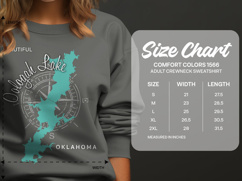 Oologah Lake Oklahoma graphic on a gray sweatshirt, with a size chart.