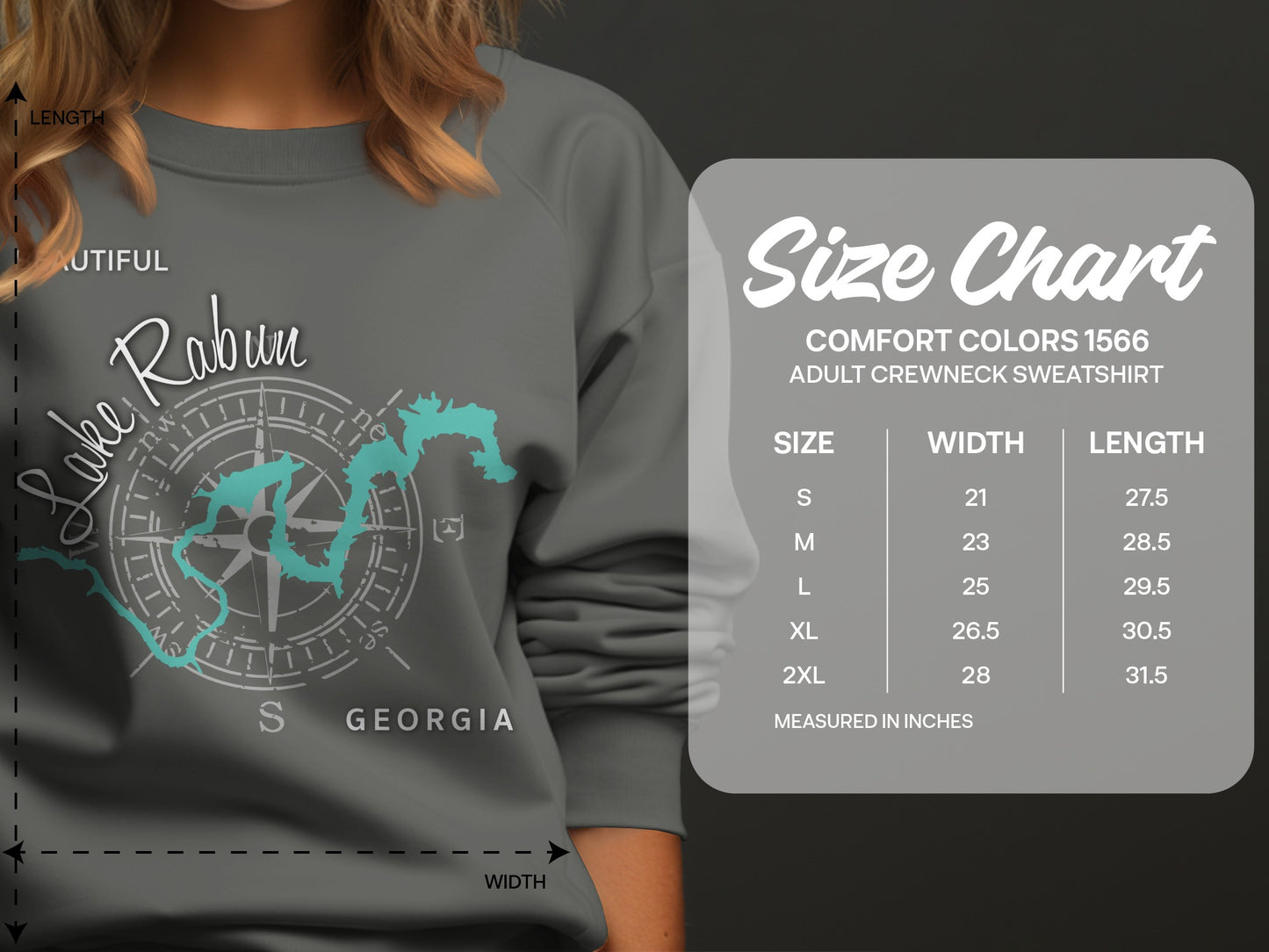 Lake Rabun sweatshirt size chart with measurements.