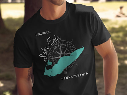 Black t-shirt with "Lake Erie Pennsylvania" and a compass rose graphic.