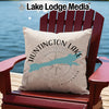 Huntington Lake California map and compass pillow on Adirondack chair.