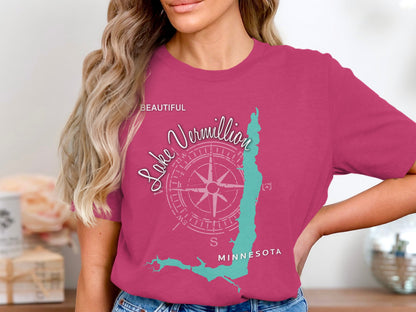 Lake Vermilion Minnesota compass rose and outline graphic on pink t-shirt.