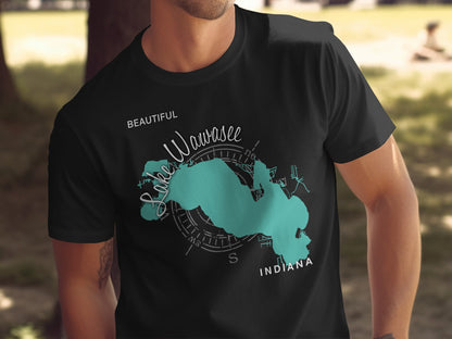 Black t-shirt with "Lake Wawasee Indiana" map graphic and compass.
