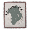 Lake Istokpoga Florida map design on a woven throw blanket with fringe.
