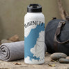 White water bottle with blue Mississippi map, compass, and "BARNETT" text.