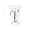 A clear glass pint glass printed with a blue map of Mozingo Lake, Missouri, and a compass rose.