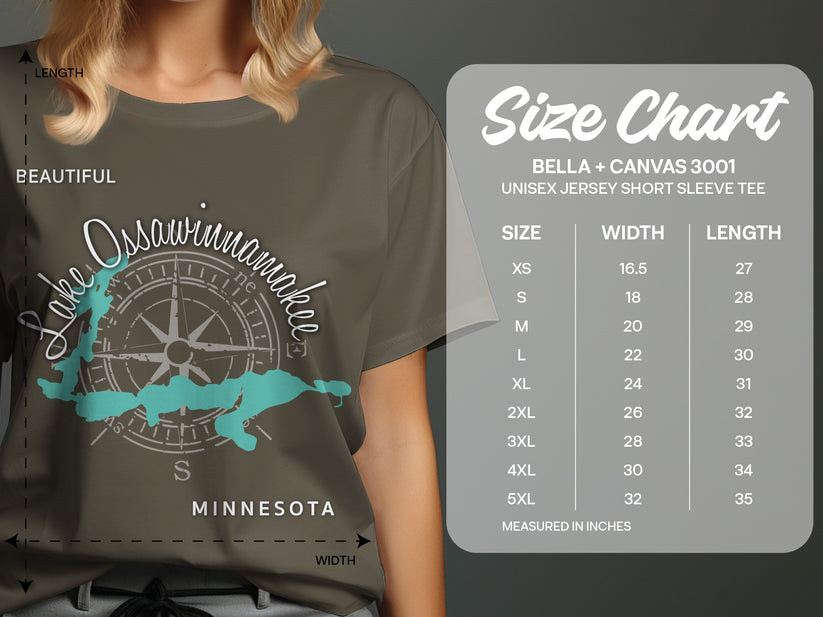 T-shirt size chart for Bella + Canvas 3001 unisex tee with Lake Ossawinwan design.