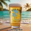 Pint glass of beer with "Lake Blue Ridge Georgia" design on a beach background.
