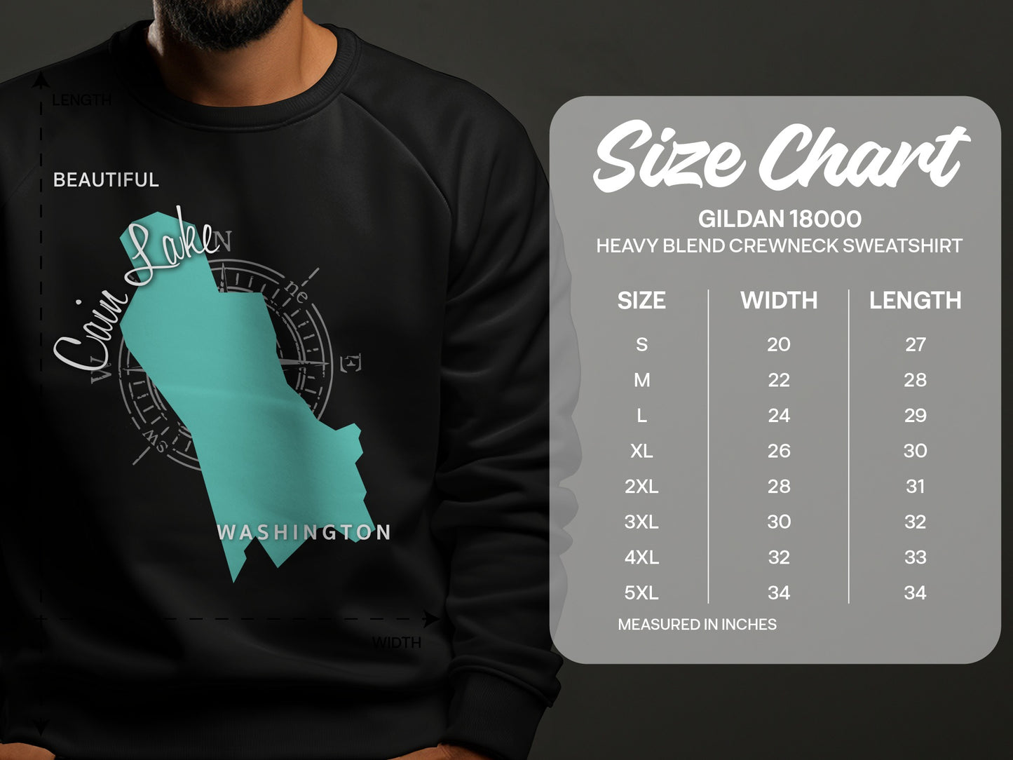 Crewneck sweatshirt size chart with apparel measurements in inches.