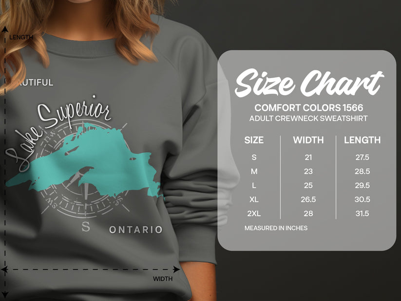 Comfort Colors 1566 sweatshirt size chart with measurements in inches.