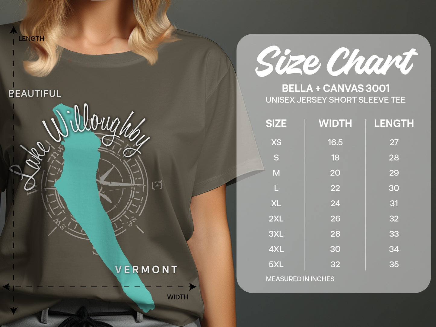 T-shirt graphic featuring Lake Willoughby Vermont and size chart details.