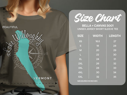 T-shirt graphic featuring Lake Willoughby Vermont and size chart details.