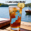 Glass with ice tea, lemon slice, and "Atson Lake" map design.