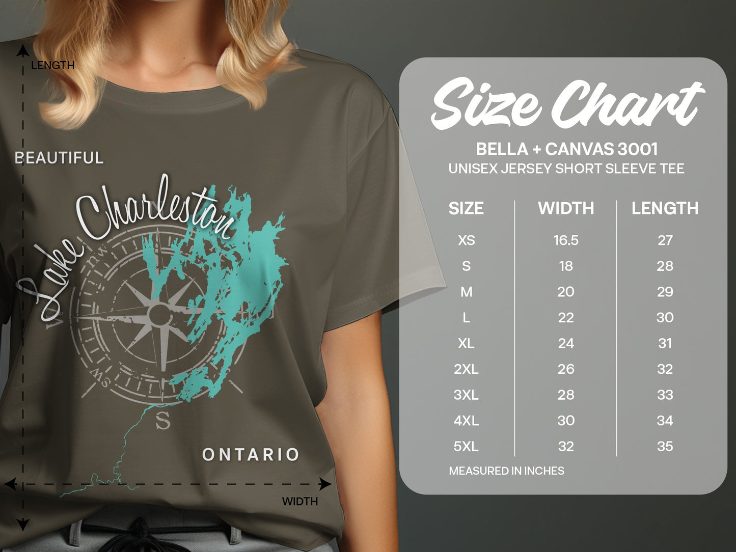 T-shirt size chart for Bella + Canvas 3001 unisex short sleeve tee.