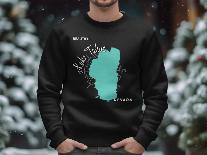 Black sweatshirt with teal Lake Tahoe map and compass design.