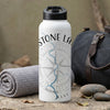 White water bottle with black lid, compass, and "STONE LAKE WEST" text.