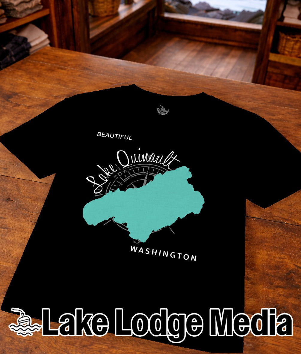 Black t-shirt with Lake Quinault, Washington map and "Lake Lodge Media" logo.