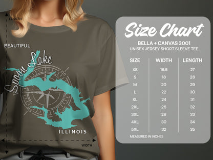 T-shirt with Spoon Lake Illinois map graphic and size chart.