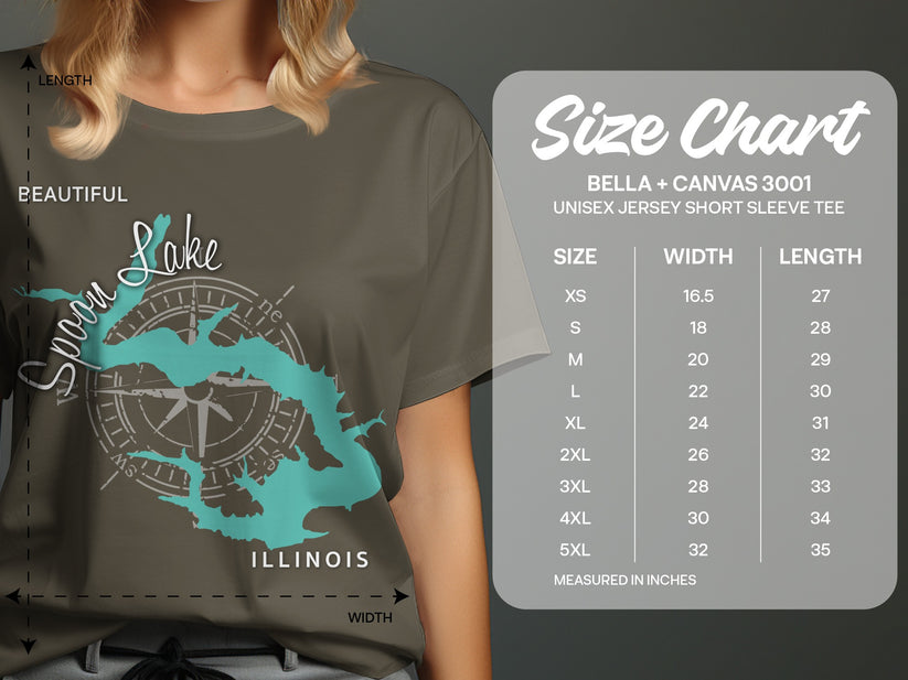 T-shirt with Spoon Lake Illinois map graphic and size chart.
