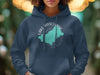 Navy hoodie with Lake Mascuppic, New Hampshire map and compass design.