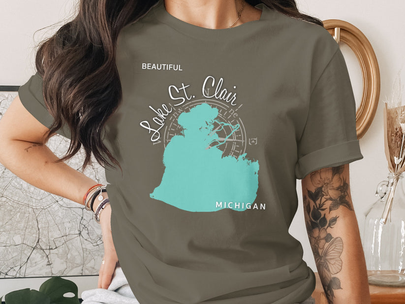 T-shirt featuring turquoise map of Lake St. Clair, Michigan.