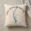 Off-white decorative pillow featuring a blue map of Lake Memphremagog, Vermont, overlaid with a compass rose.