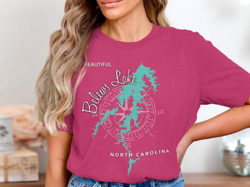 Pink t-shirt with a turquoise map of Belews Lake and compass rose.
