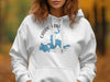 White hoodie with Caddo Lake map and compass graphic, Texas text.