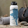 White water bottle with "Yellowstone WY" map graphic and compass design.