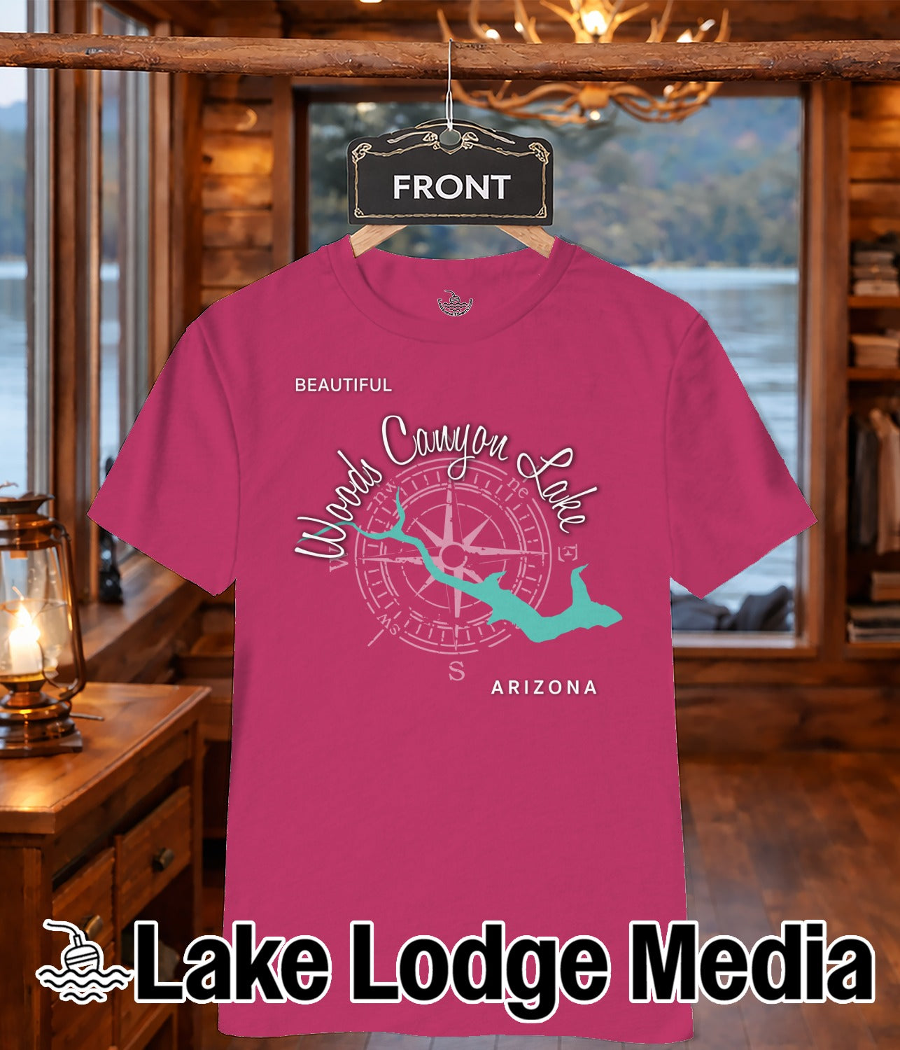Pink t-shirt with compass design and "Woods Canyon Lake Arizona" text.