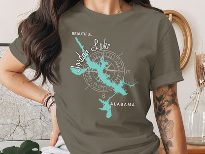 Jordan Lake Alabama map design on a grey t-shirt.