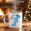 White mug with Canobie Lake, New Hampshire map design and splash.