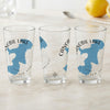 Three clear glasses with blue outlines of Lake Winnipesaukee, New Hampshire.