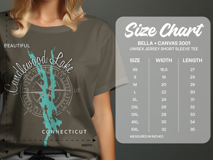 T-shirt with "Candlewood Lake Connecticut" compass design and size chart.