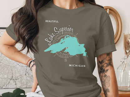 Olive green t-shirt with a teal outline of Lake Superior and "Michigan" text.