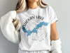 Ashokan Lake New York map graphic with compass on white t-shirt.