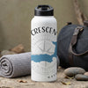 White water bottle with "Crescent Wash" text and compass design.